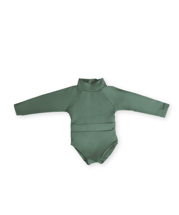 A June One-Piece - Moss Colour for infants isolated on a white background.
