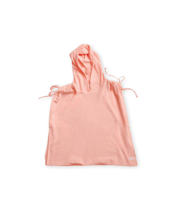 Summer Poncho - Apricot-colored sleeveless hooded top with drawstrings on a white background.