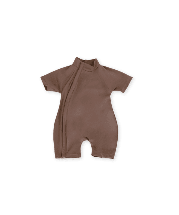 Brown Zimmi Onesie - Tort with a zipper, displayed on a white background.