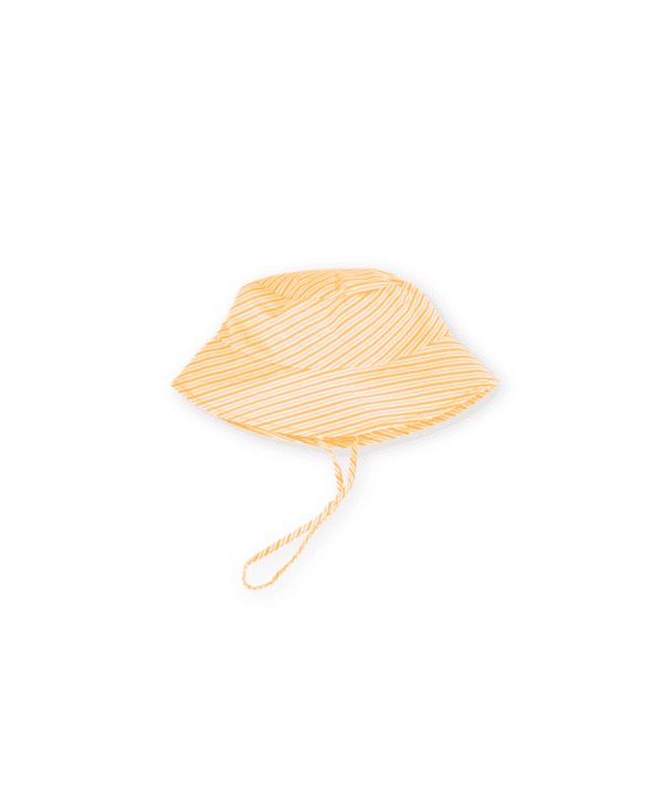 Vali Bucket Hat - Dandelion Stripe with chin ties on a white background.