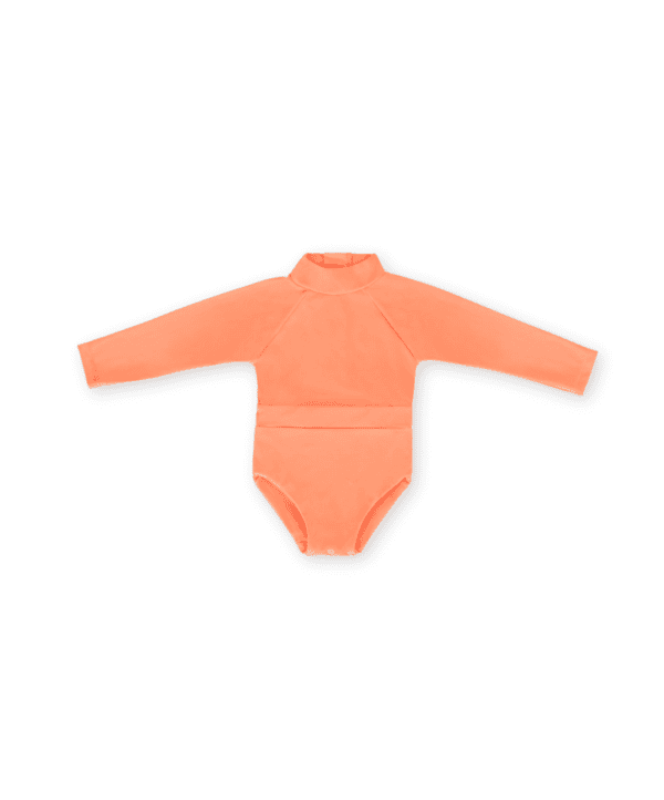The June One-Piece - Marigold bodysuit for infants isolated on a white background.