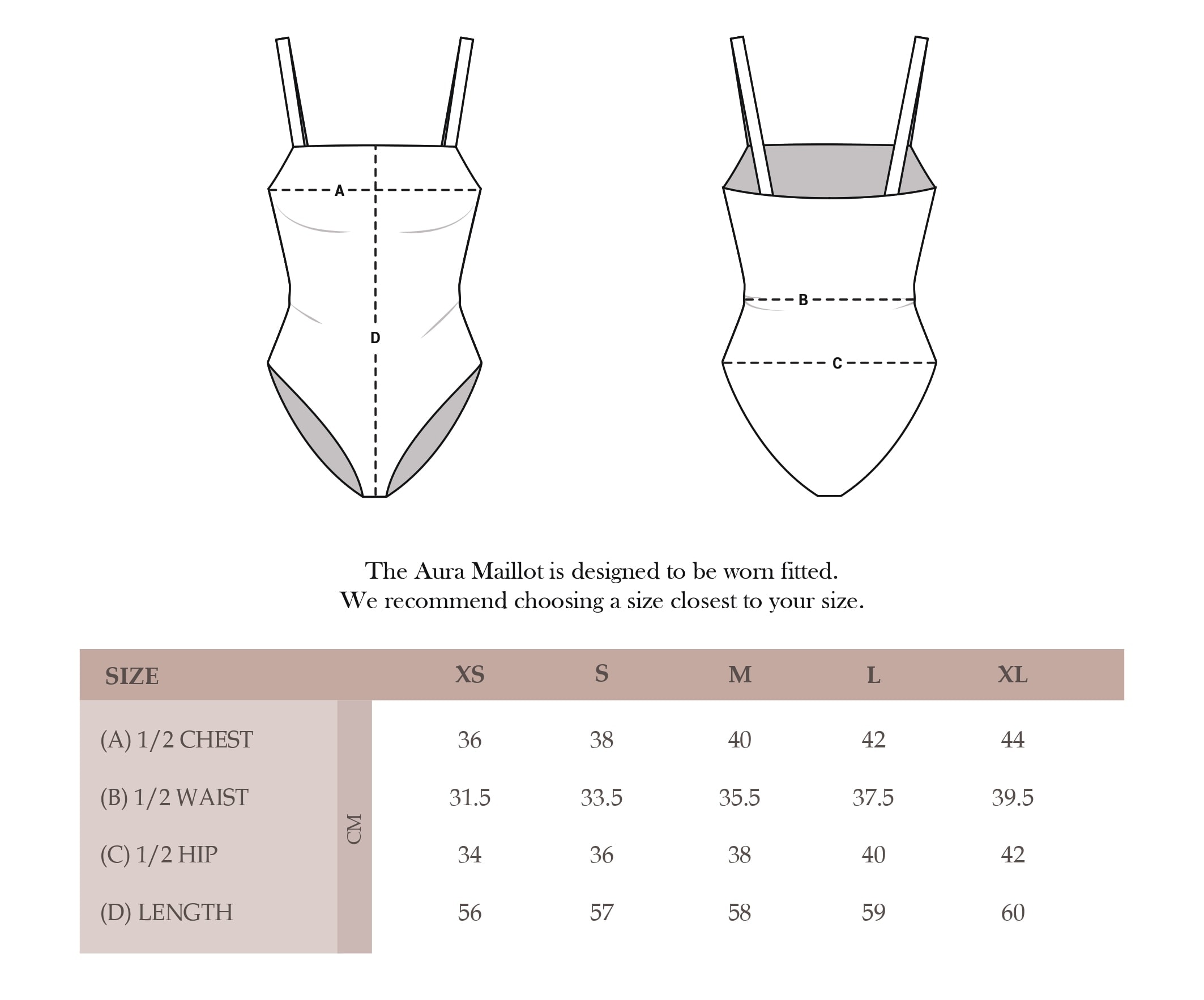 The measurements for a one piece swimsuit.
