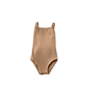 A Mara One-Piece - Warm Pecan swimsuit laid out on a white background.